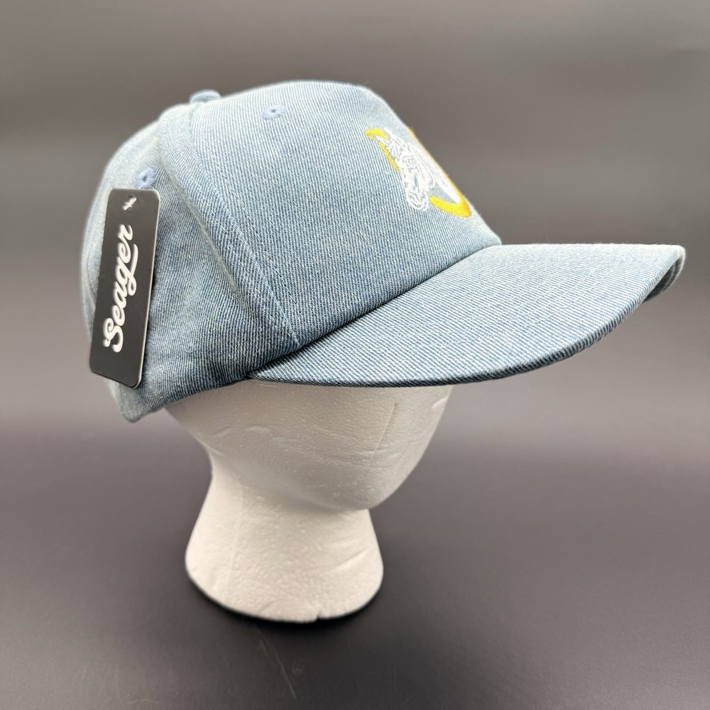 Seager Denim Horse Head Horseshoe Logo Adjustable Hat Cap Light Wash Blue NWT - Picture 2 of 9